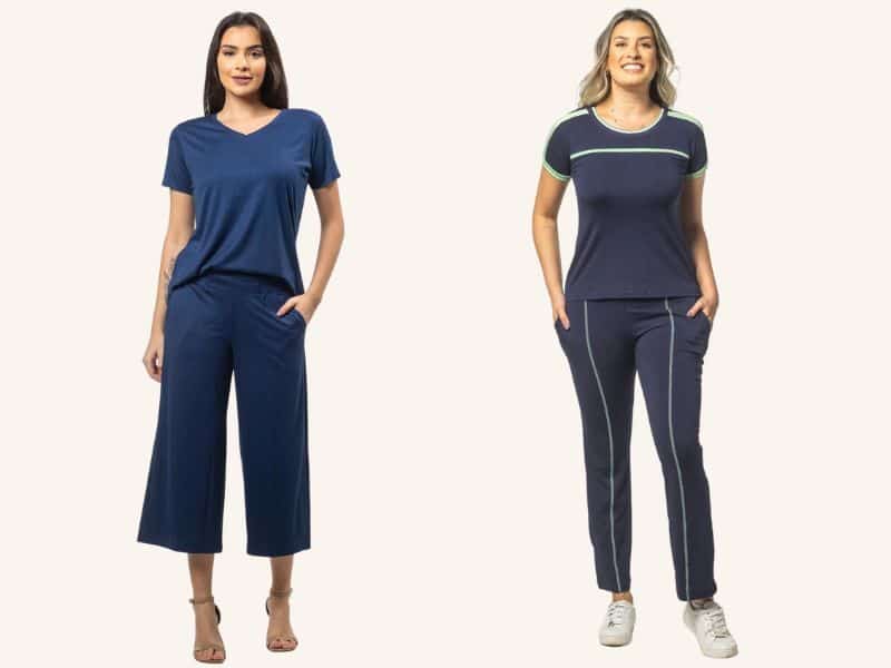 fotos de mulheres usando calça e camiseta azul marinho
