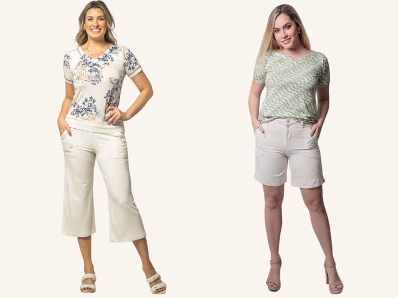 fotos de mulheres com calças e shorts brancos e uma camiseta