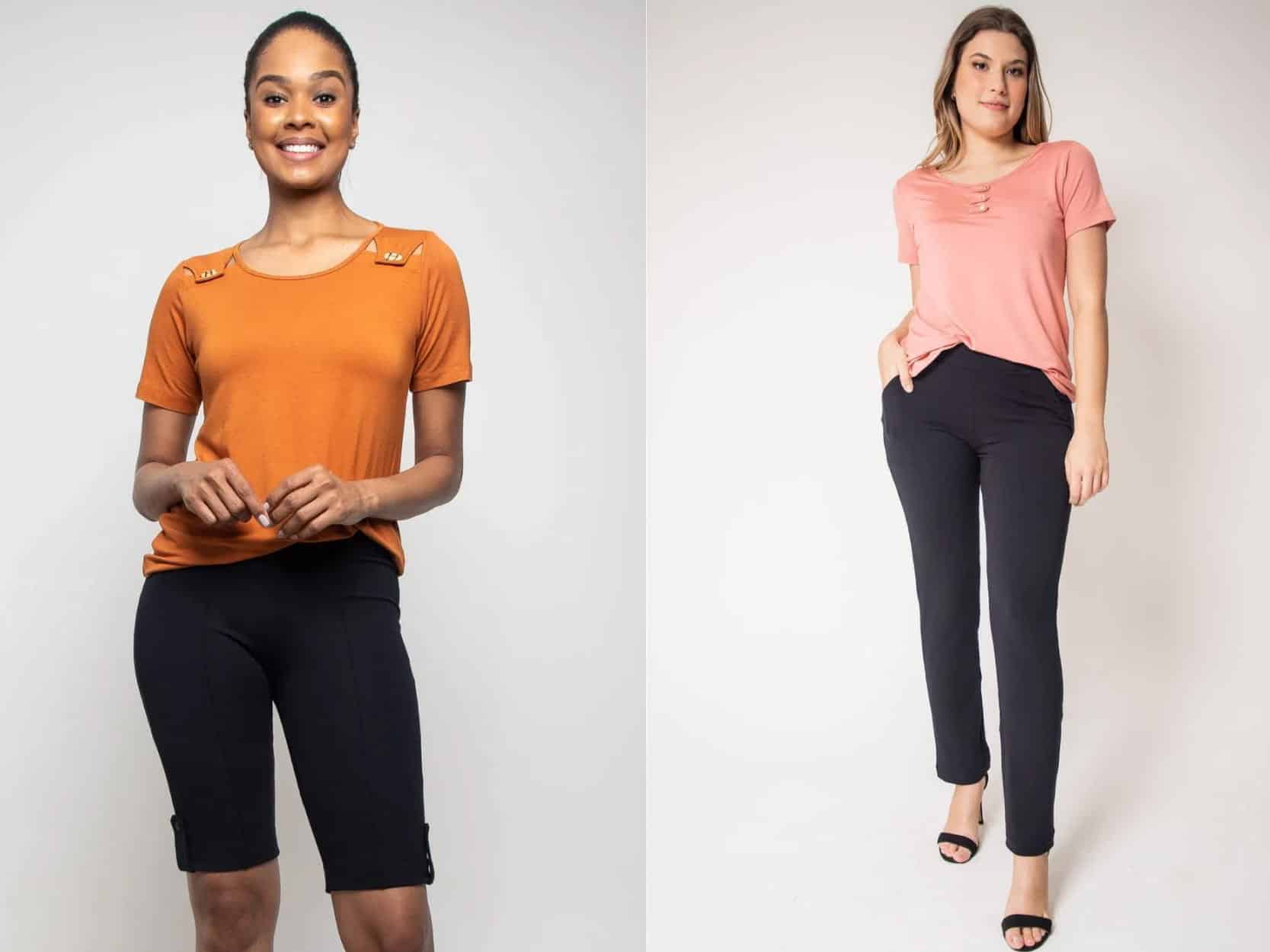 Duas modelos utilizando short e calça preta. Ambas estão com blusas coloridas, a primeira laranja e a segunda rosa.