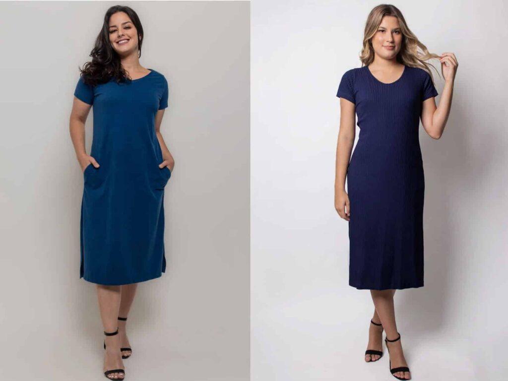 Duas modelos usando vestidos azuis básicos